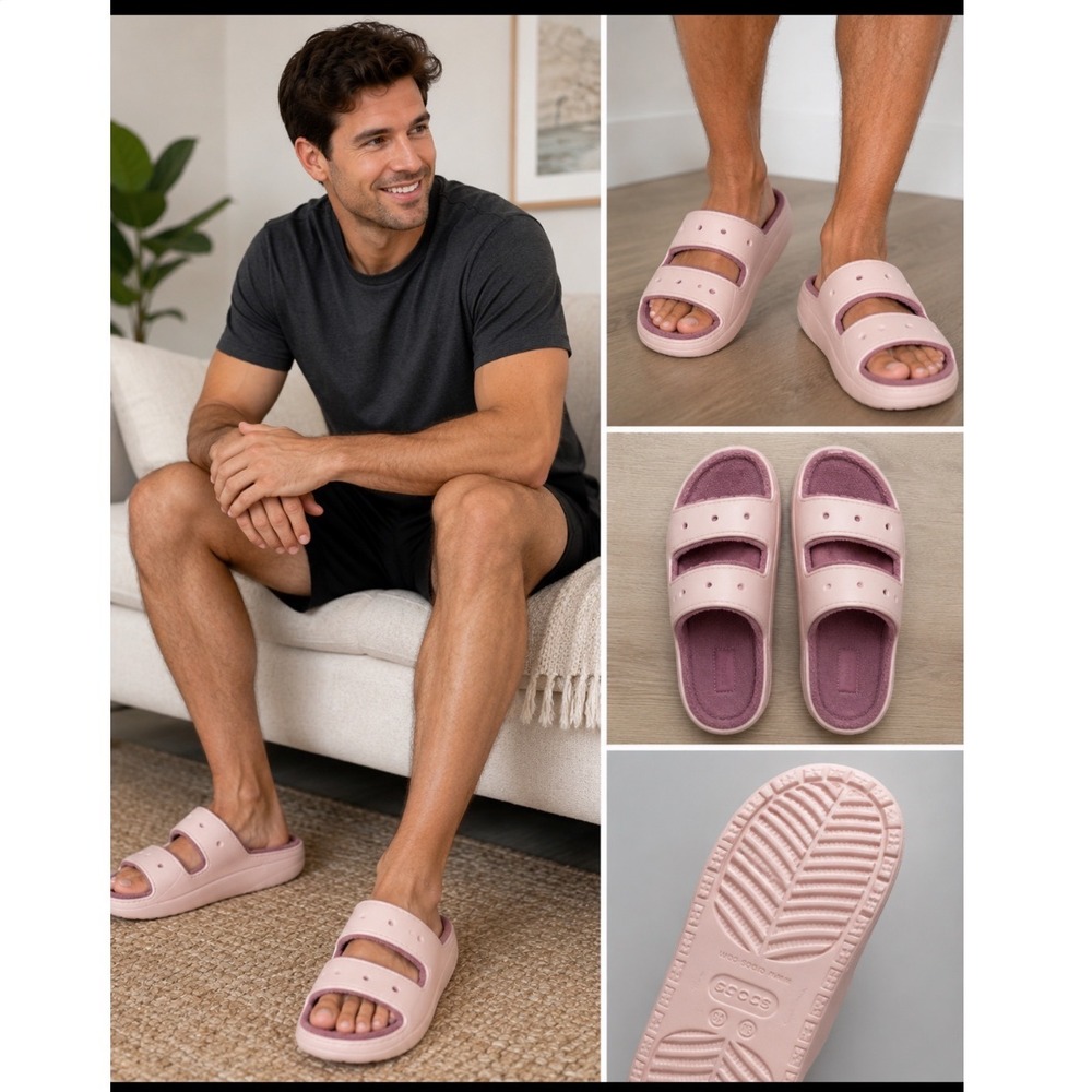 Crocs NEW Classic Cozzzy Towel Sandal Mens 13 Pink Mauve Fuzzy Slides 208963-6UR